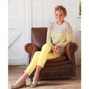 Boden Striped Sweater 8 medium Cotton Wool Crew Neck Chunky Knit Gray Yellow